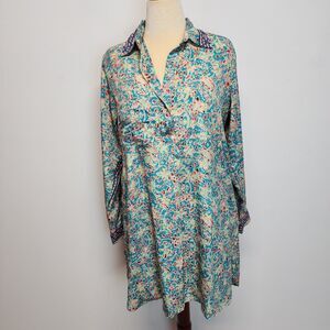 Silk Blend Abstract Tunic Shirt Dress Long Roll Tab Sleeves Indira Kurta Large